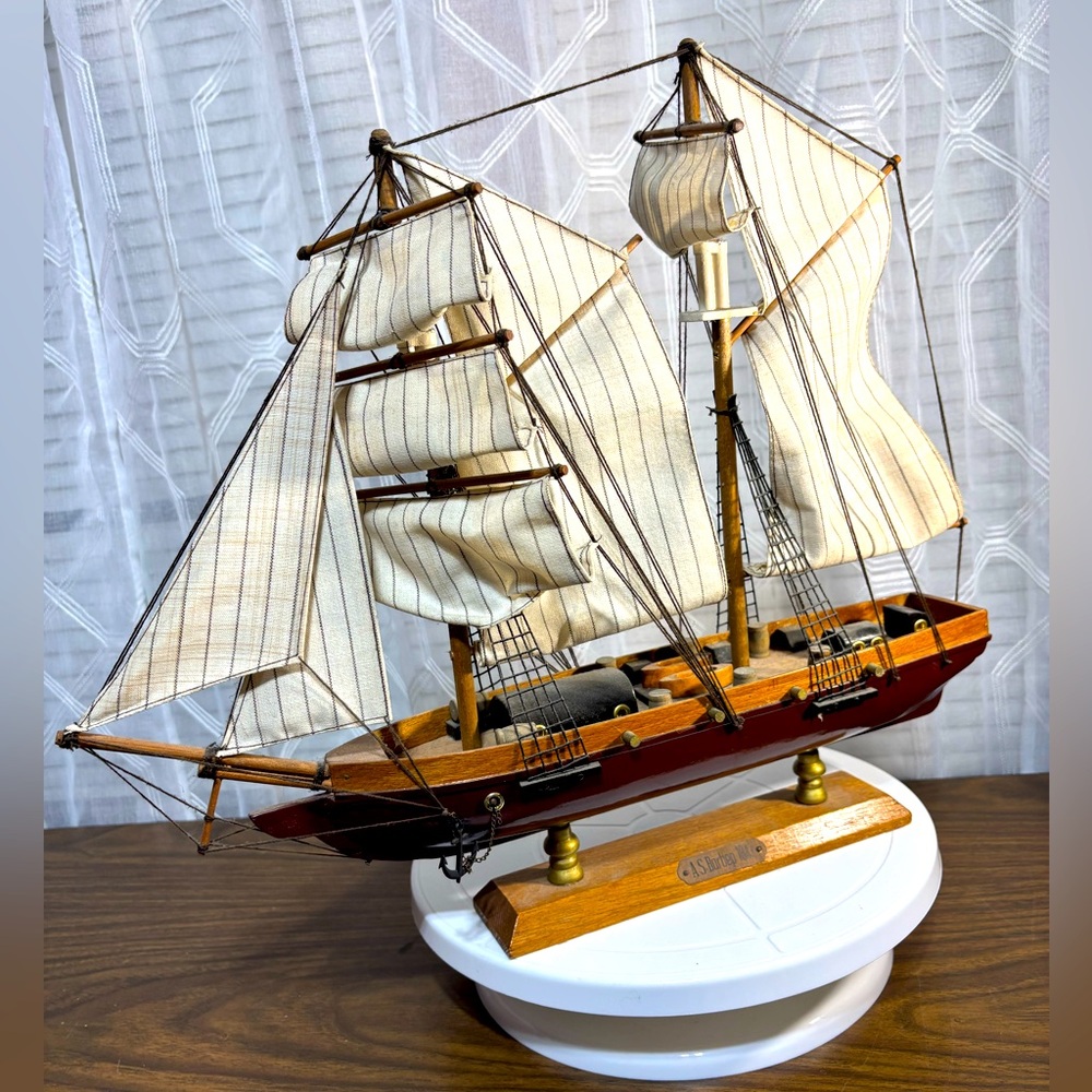 Wooden Model Sailboat with Cream Striped Sails